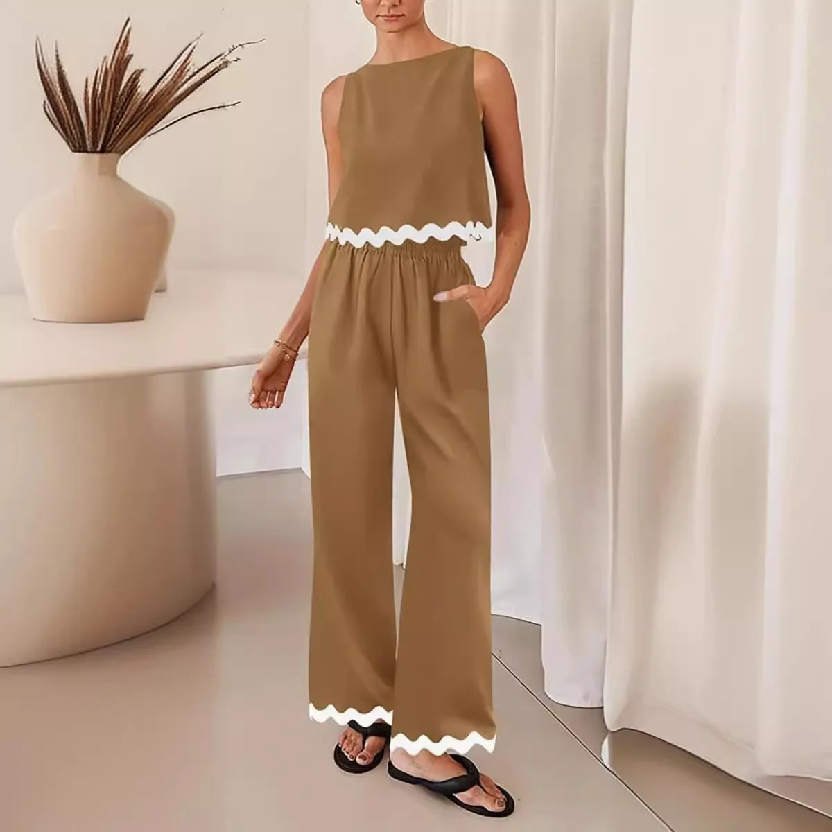 ผู้หญิงฤดูใบไม้ผลิ/ฤดูร้อนผู้หญิงสบายๆ 2 ชิ้นชุดแฟชั่น Casual เสื้อกั๊กสั้นหลวมขากว้างกางเกงสบาย