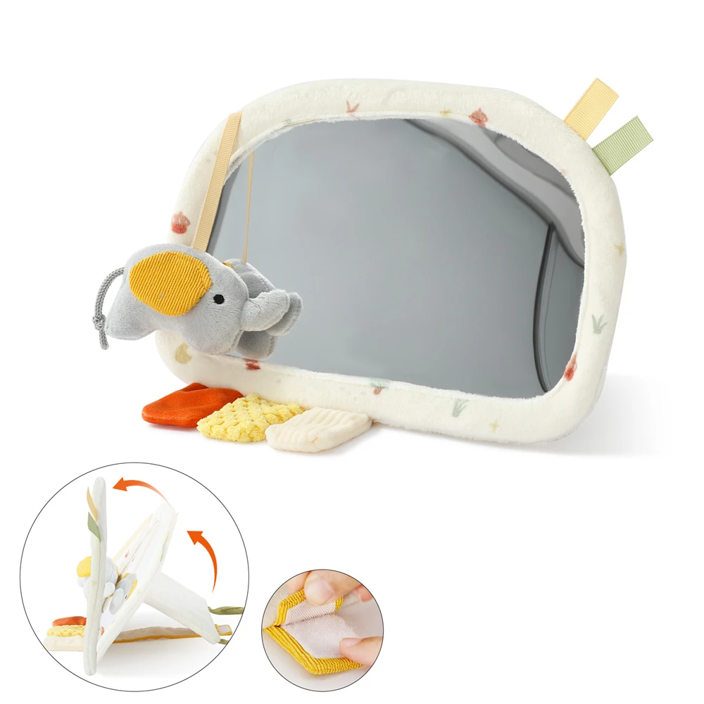 Baby Tummy Time Sensory Mirror Toy Pressing Elephant Crinkle Ears Adjustable Stand Tactile Tags Soft Plush Auditory Discovery