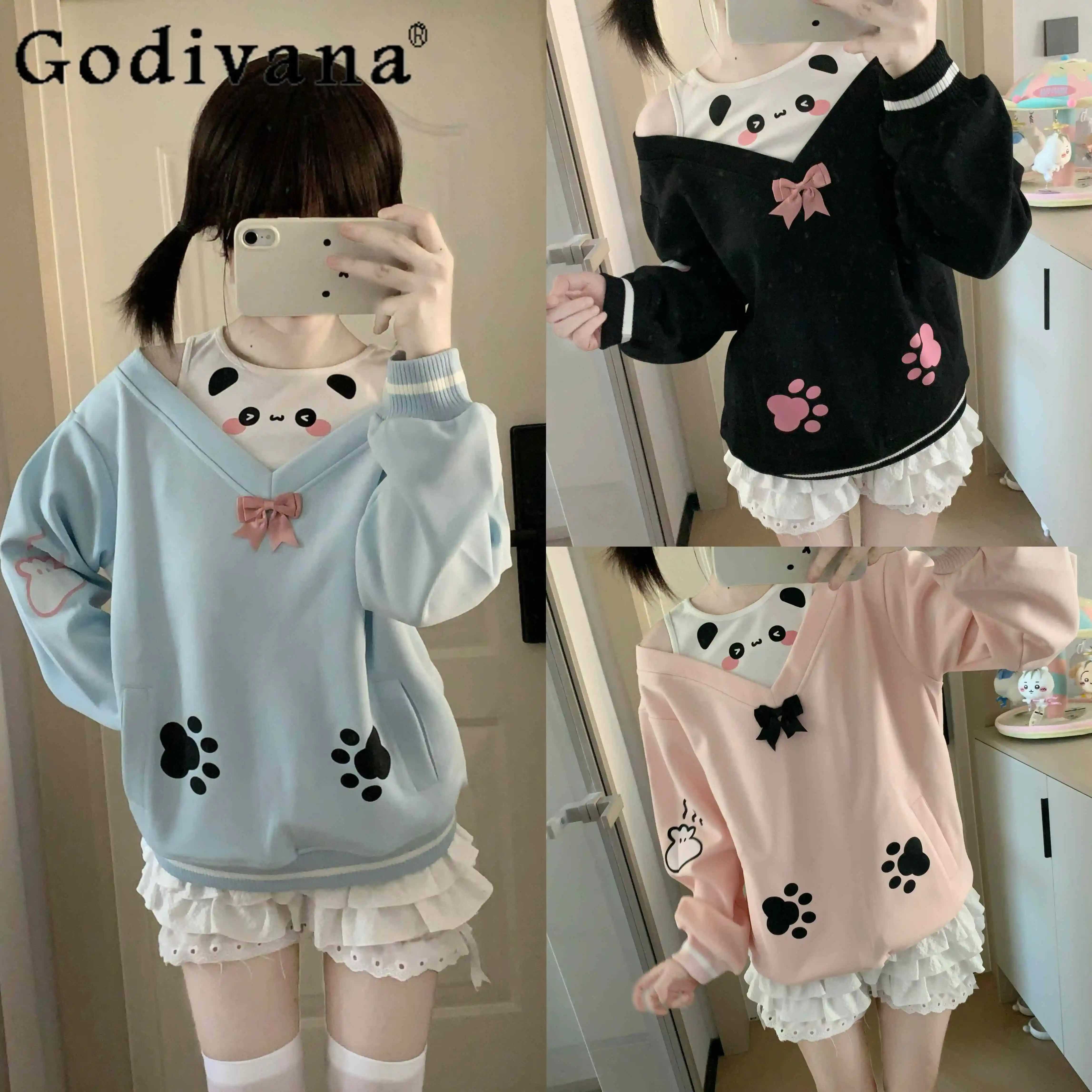 

Original Girls Fake Two-Piece Cute Panda Off Shoulder Long Sleeve Sweatshirt Female Autumn New Casual Pullover Daughters Clothes