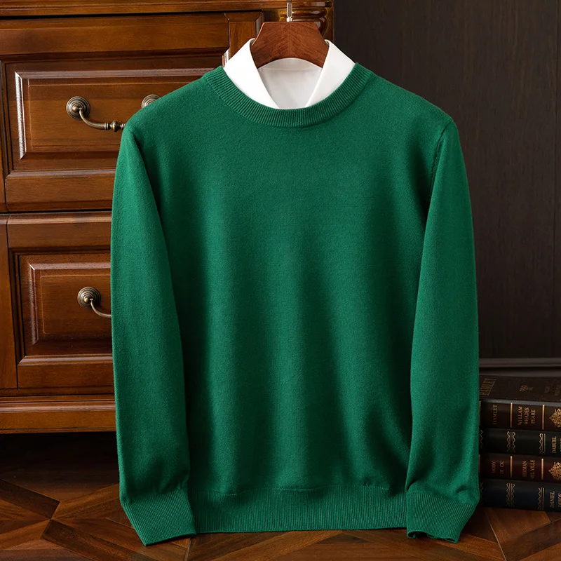 Autumn and winter 100% pure wool men's loose O-neck pullover sweater thickened youth leisure new plus size sweater.