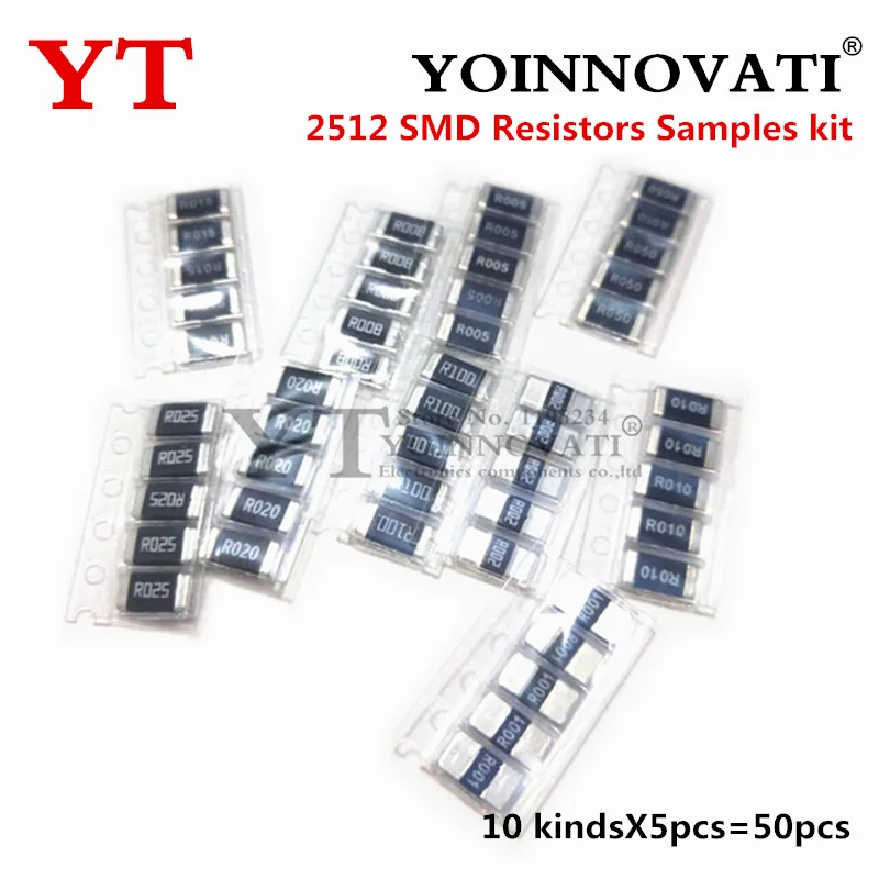 50PCS Alloy Resistance 2512 SMD Resistor Samples Kit 10 Kinds X5pcs R001 R002 R005 R008 R010 R015 R020 R025 R050 R100