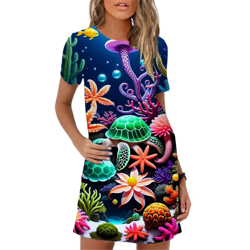 Jellyfish Print Ocean Style Women Dress New 2024 Summer Dress Elegant Short Sleeve O-Neck Loose Casual Woman Beach Party Dresses