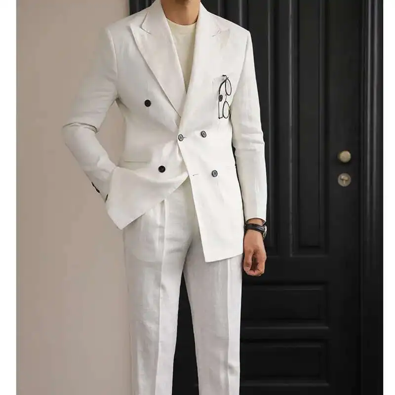 Luxury Linen Double Breasted Italian Suit For Men\'s Versatile Slim Fit Business Lapel Collar Retro Suit Green Brown 4 Colors