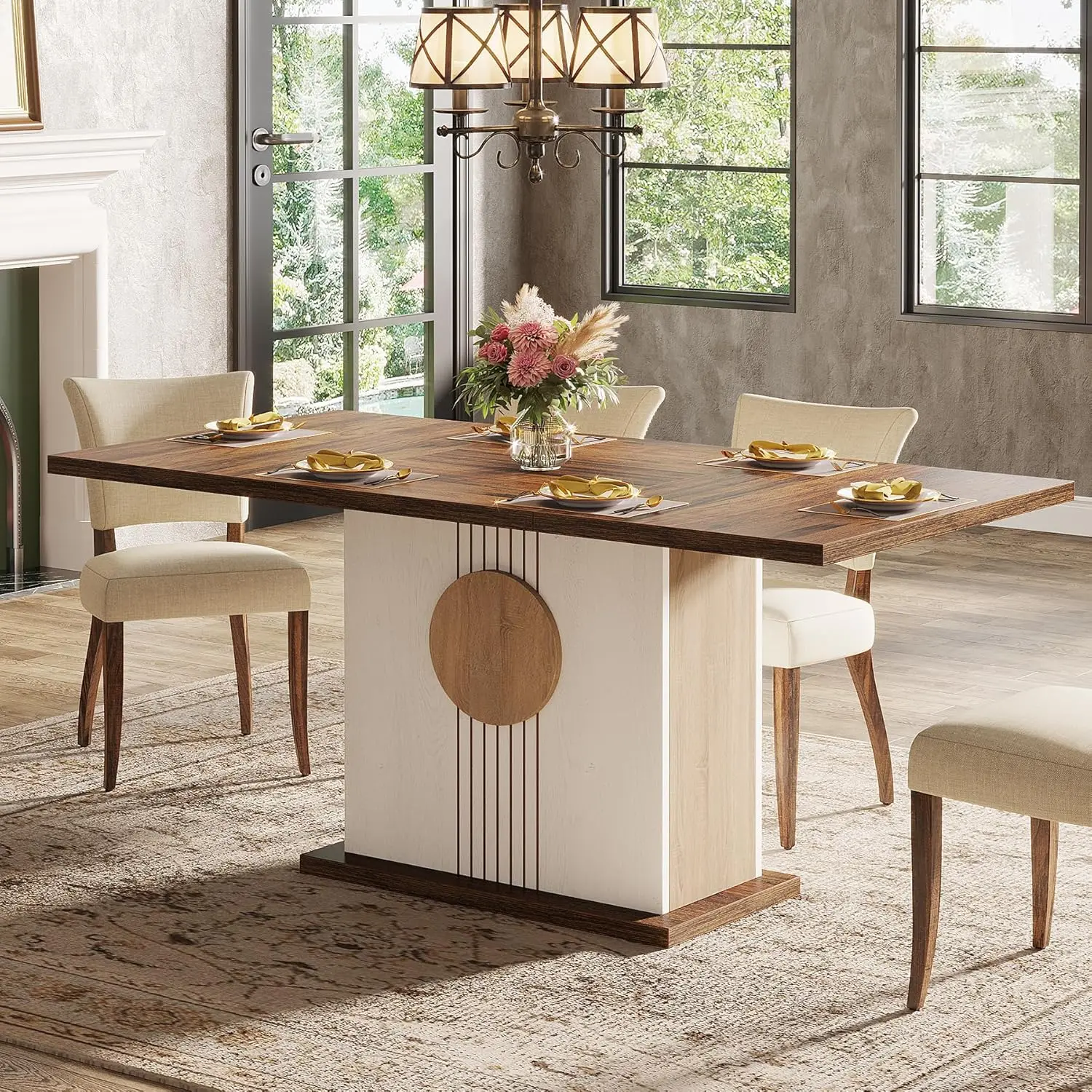 Farmhouse Wood Dinner Table for Kitchen, Dining Room & Living Room, Oak Brown & White