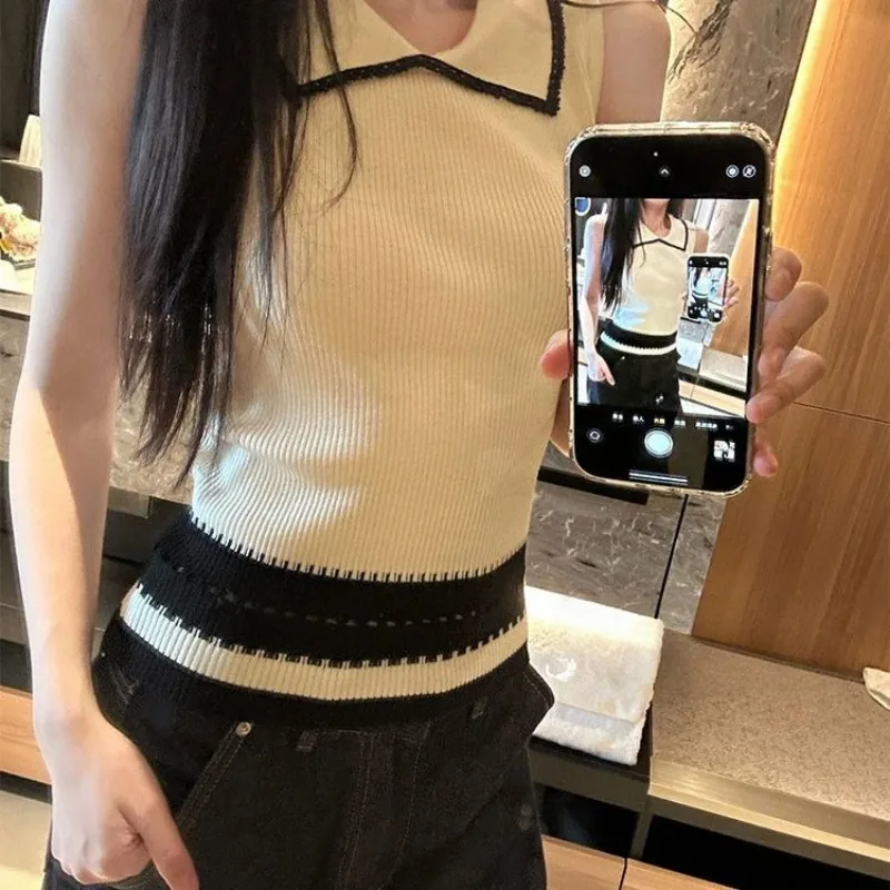 

Women Clothing Summer Fashion Casual Color Blocking Polo Collar Female Simplicity All-match Temperament Sleeveless Tank Top Tops