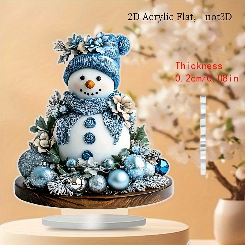 8in 2D Blue Acrylic Snowman Desktop Ornament with Snowflake Pattern Bohemian Style Office Christmas Gift Winter Wonderland Decor