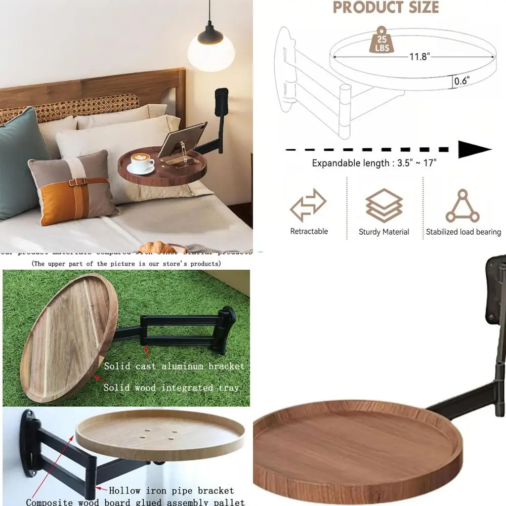 

Folding Wall-Mounted Acacia Coffee Table, 11.8 Round, Adjustable Angle, Space-Saving Design