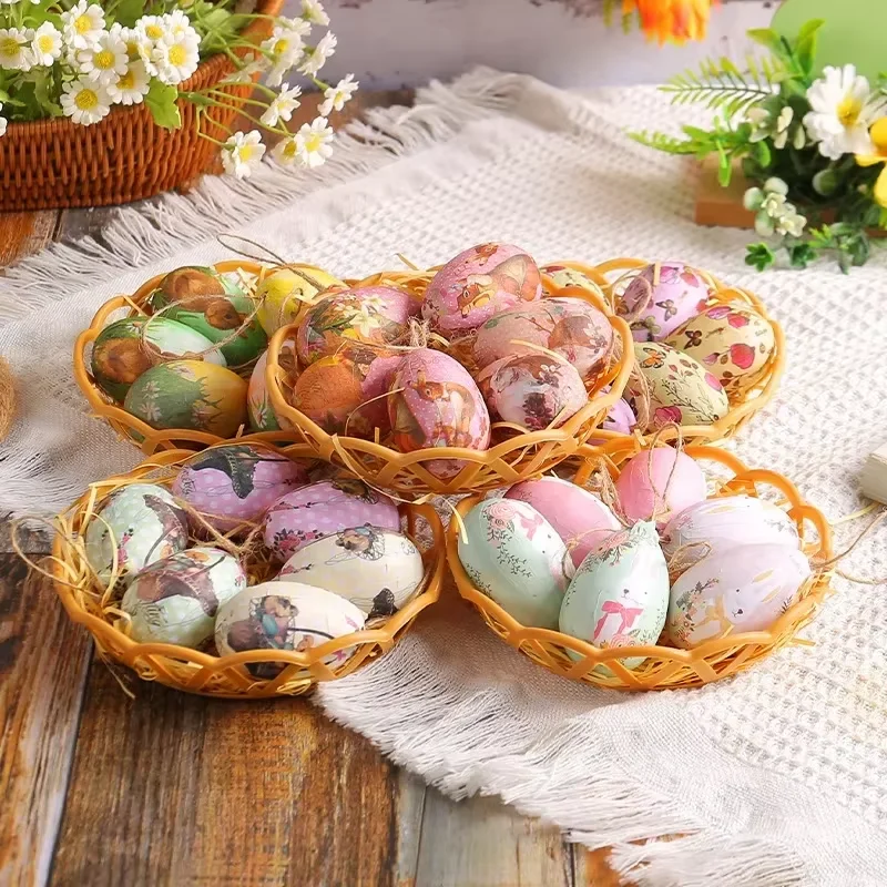 

Easter Day Decor Colorful Eggs Hanging Pendants Creative Weaving Basket Cartoon Bunny Egg Ornament Happy Easter Party Decor 2025