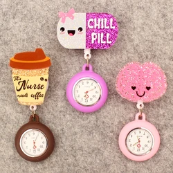 Cartoon Nurse Coffee Style Pocket Watch Retractable And With Clip For Doctor Nurse Men And Women