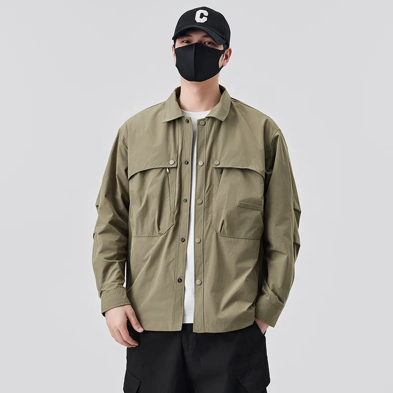 

Men Workwear Style Turn-down Collar Shirt Jacket American Casual Versatile Men's Button Down Multi Pocket Functional Cargo Coat