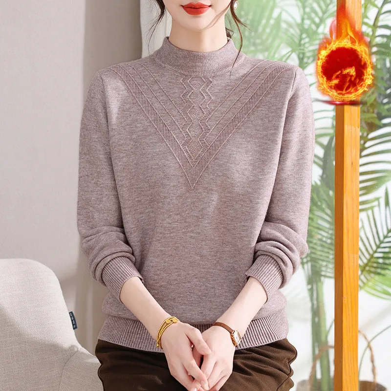 두꺼운 벨벳 따뜻한 여성 의류 플리스 니트웨어 겨울 옷 여성 터틀넥 중년 어머니 스웨터 탑스 풀 펨므