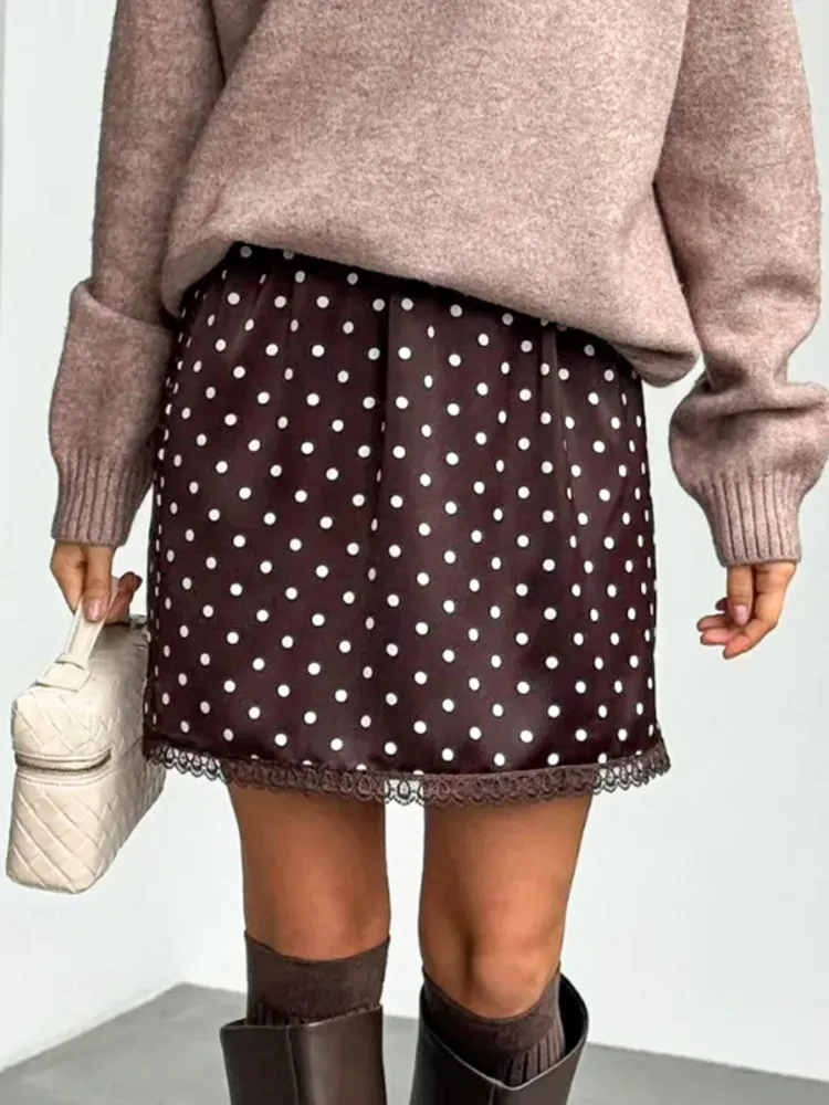 

Женская атласная мини-юбка Apprabant в горошек с кружевной отделкой, эластичной талией, А-силуэт, для весны/лета, для вечеринок, уличного стиля, повседневная, шикарная, стильная одежда