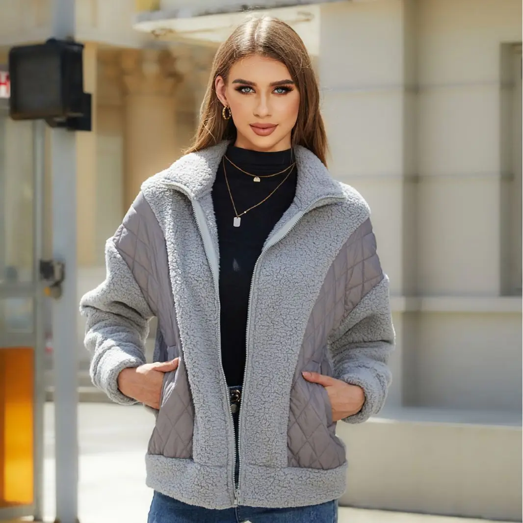 

Women's autumn and winter new fashion long-sleeved cardigan zipper plush stitching women's jacket