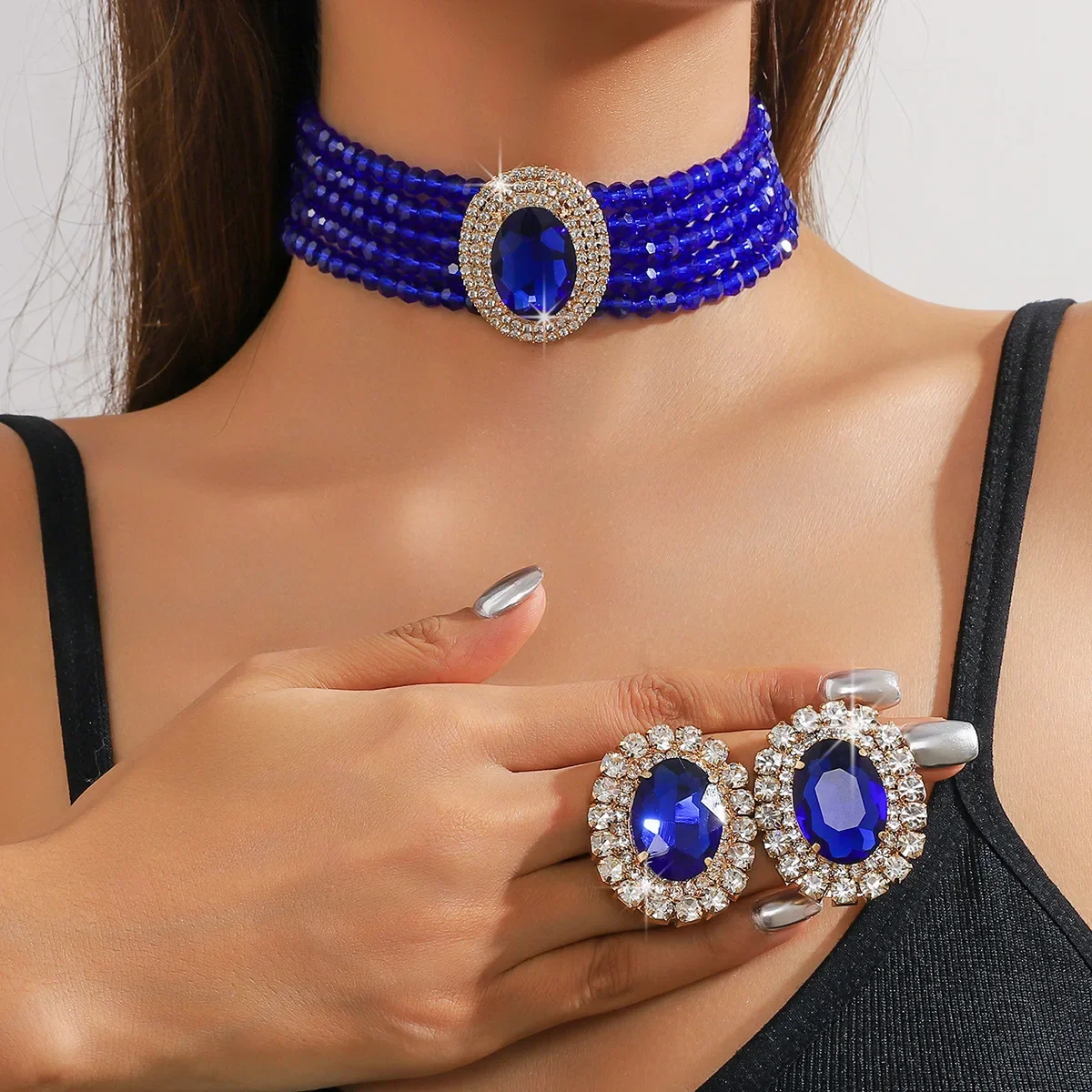 2026 Multilayer Green Red Blue Black Crystal Necklace Geometric Hollow Alloy Earrings For Women Weddings Banquet Jewelry Sets