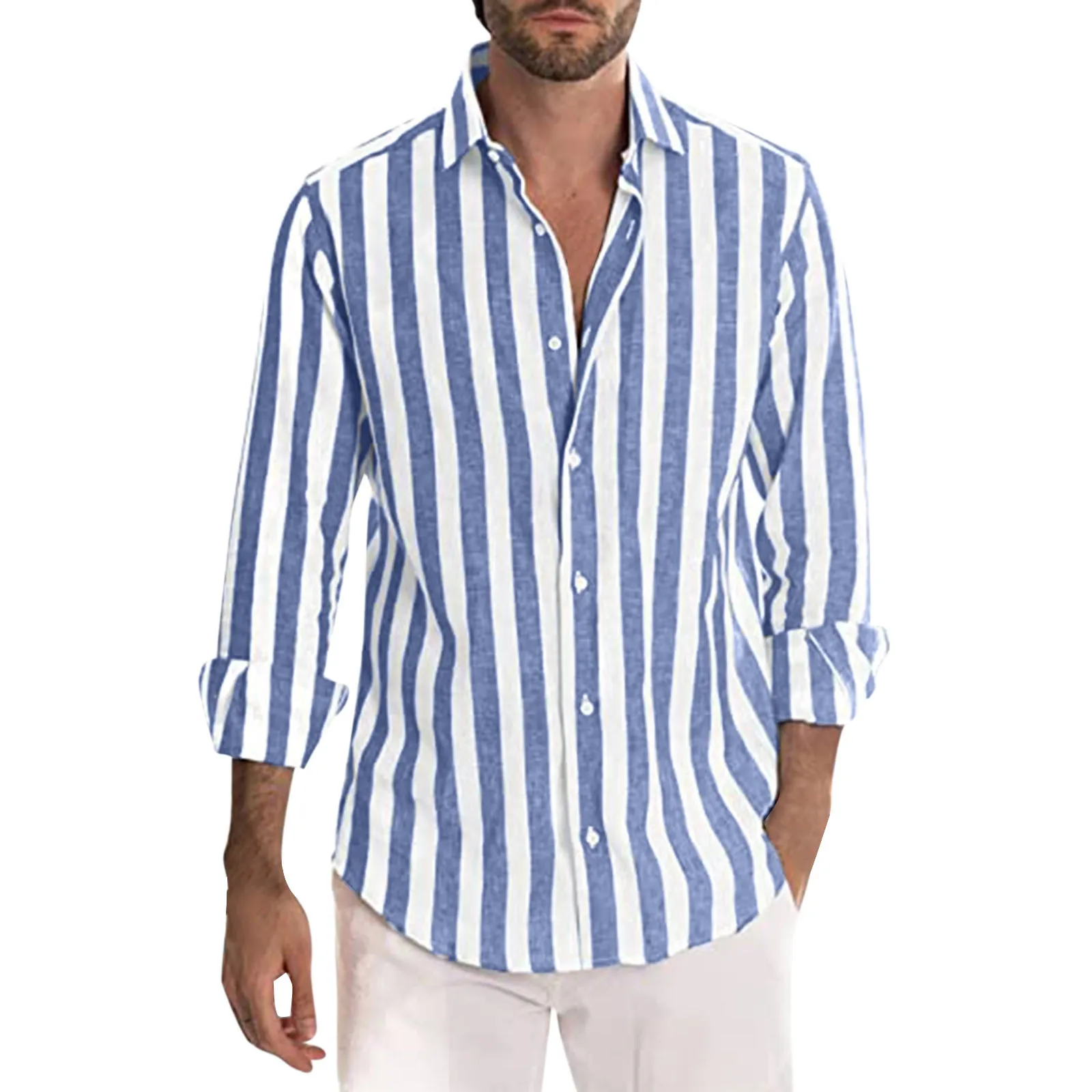 Summer Men Linen Shirt Long Sleeve Stripe Print Baggy Down-collar Button Shirts Tops Male Clothes