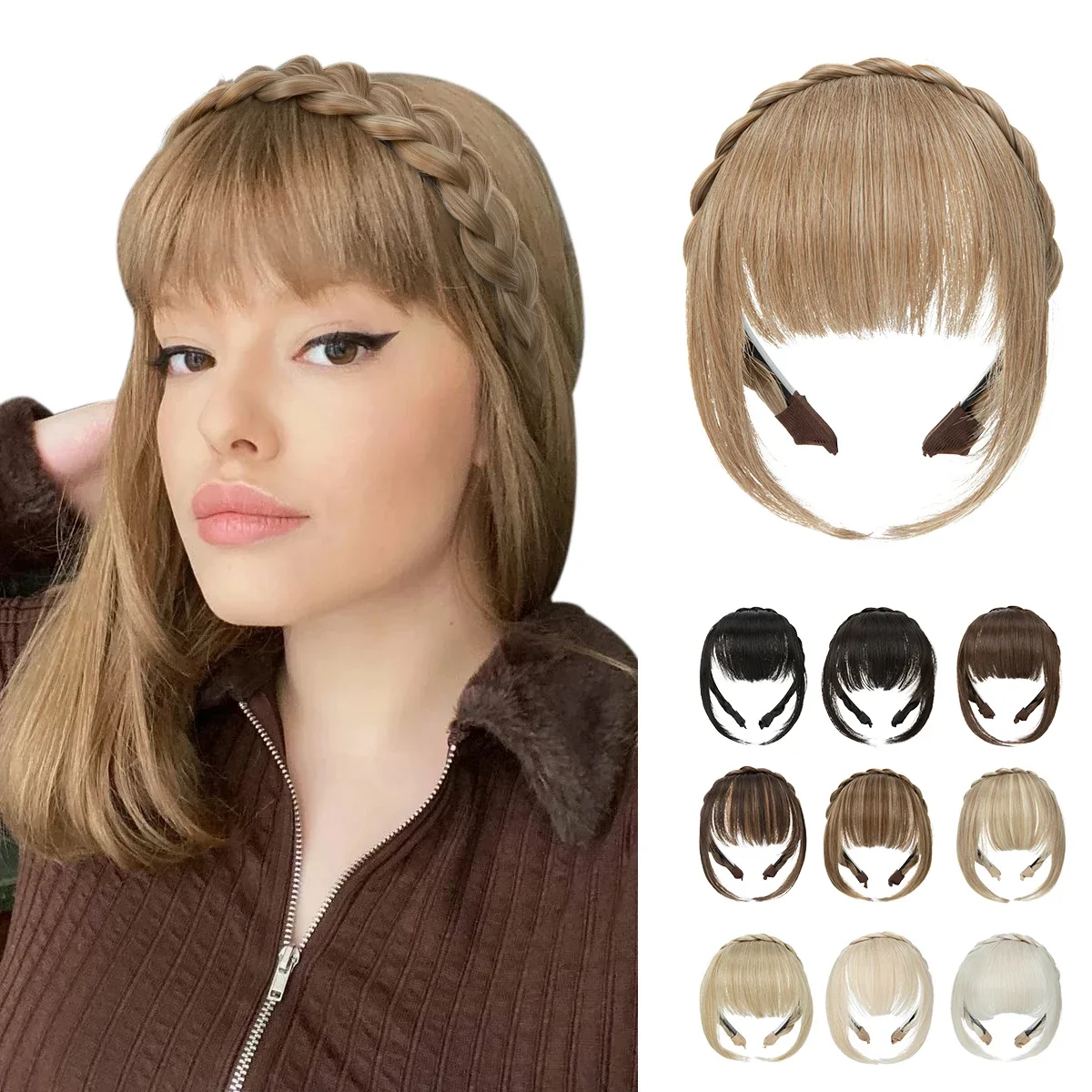 

Synthetic Headband Bangs Extension Fake Hair Blunt Fringe with Long Sides For Women Natural Flase Black Brown Hairpiece