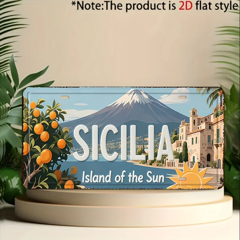 Sicilia Island of the Sun Volcano Scenery Aluminum Tin Sign Wall Art Decor for Garage Bar Man Cave 2D Flat Printing Metal Poster