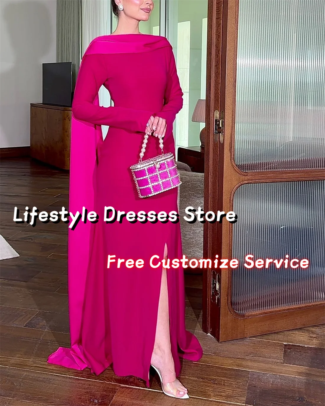 Customized Boat Neck Long Sleeves Prom Dresses Backless Pearls Luxury Evening Dresses Long Cape Elegant Party Gown فساتين سهرة