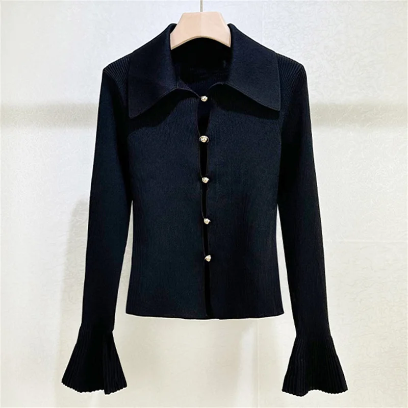 

Cardigan for women 2026 Spring new elastic knitted slim fit long sleeved top Trumpet sleeve lapel Women's sweater women's coat