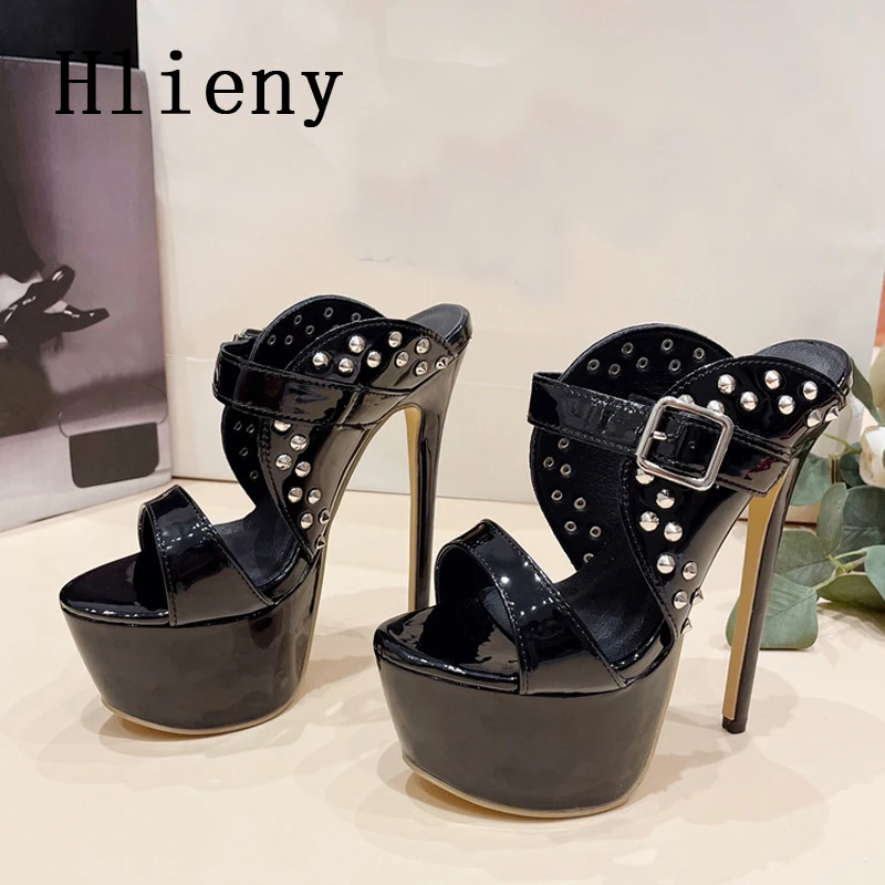 Hlieny Fashion Rivet Black Platform Slippers  Women Thin High Heels Sexy Peep Toe Party Stripper Shoes Pumps Sandals Size 35-42