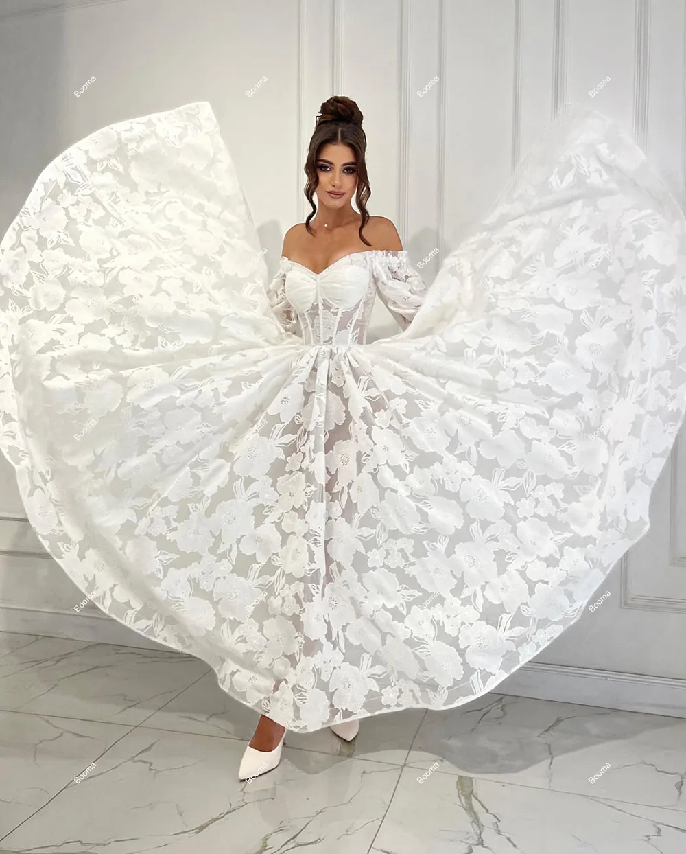 Booma-Robe de mariée florale A-ligne ivoire pour femme, manches longues bouffantes, longueur de rinçage, fête des patients, quelle que soit