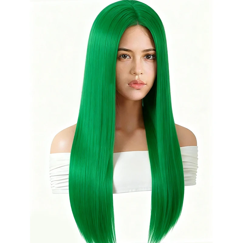 

Зеленый прямой синтетический парик для женщин, 28-дюймовый высокотемпературный шелковый парик, косплей, праздничный музыкальный фестиваль, пушистый стиль