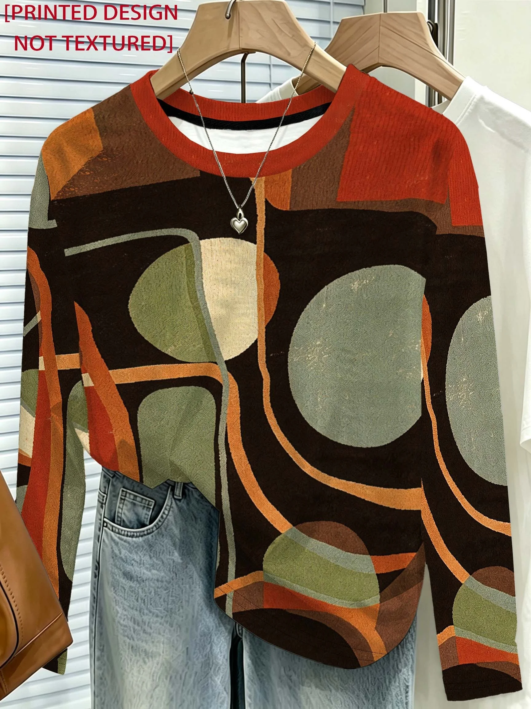 Women Long Sleeve T Shirt Retro Abstract Geometric Print Round Neck Vintage Autumn Casual Top Women's Clothes