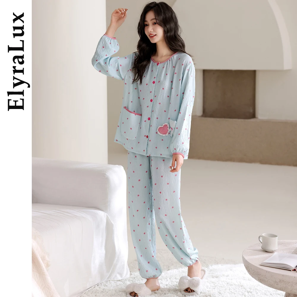 

ElyraLux Women’s Round Neck Pajamas Set Long Sleeve Button Down Sleepwear Soft Loungewear Cute Heart Print Home Clothes