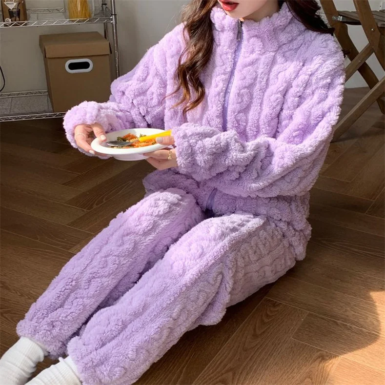 Autumn Winter Sweet Coral Fleece Pajamas Women Fleece-lined Thickened 2023 New Zip-up Flannel Warm Home Wear Set