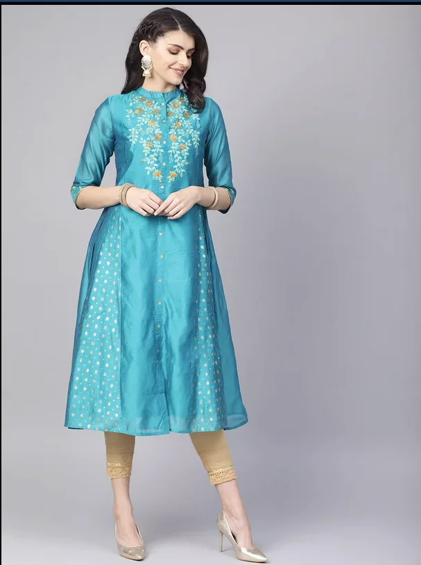 Indian ethnic style women's clothing, silk embroidery, long standing neck, 3/4 sleeves