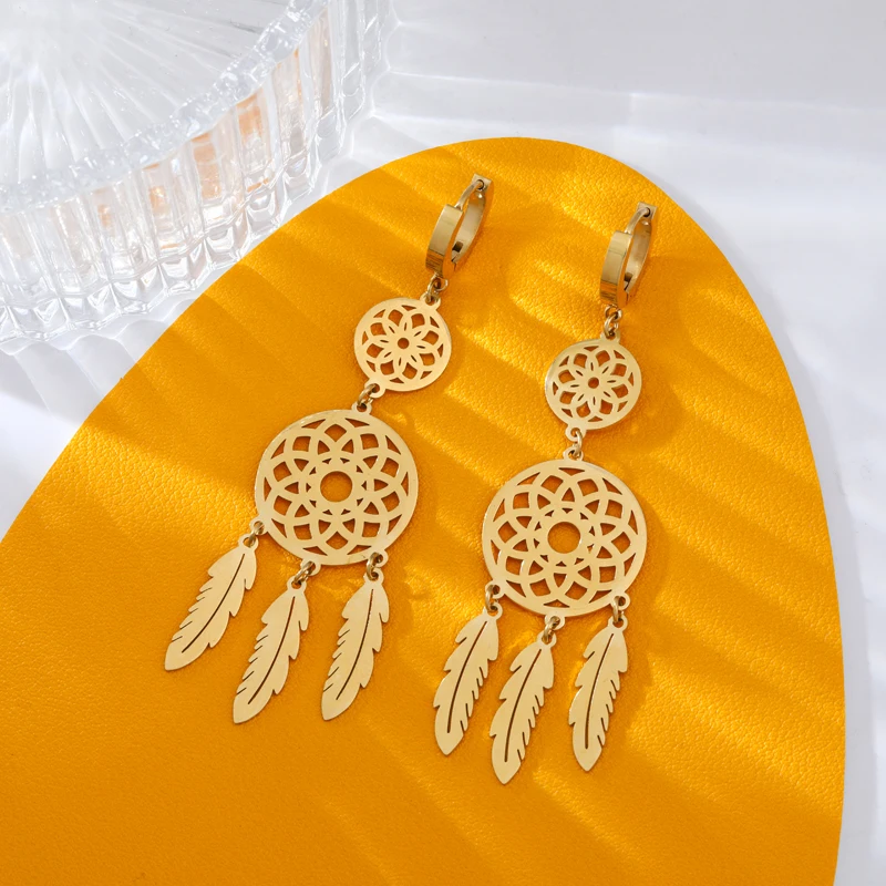 EILIECK 316L Stainless Steel Feather Dream Catcher Dangle Earrings For Women 2024 New Fashion Ear Drop Waterproof Jewelry Gift