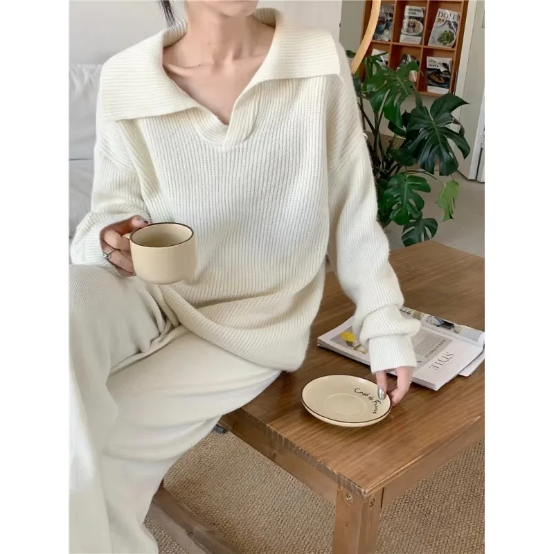 Casual Loose Knitted 2-piece Set for Winter Women\'s Set New Fashion Collar Solid Long Sleeve Sweater Pant Set for Woman