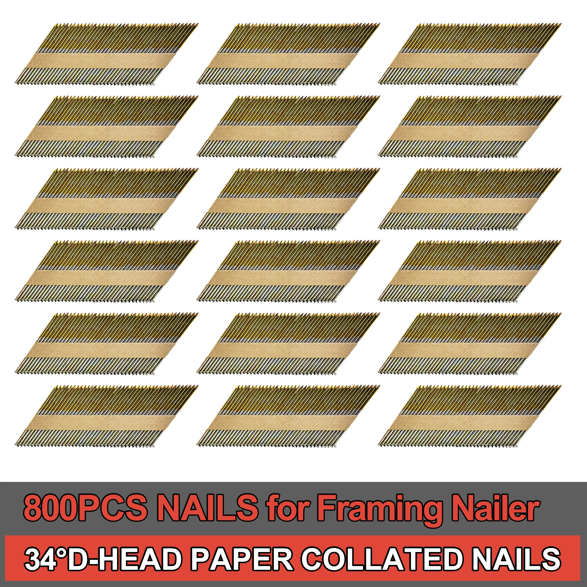 

800PCS Electro-Galvanized Coated Paper Tape Collated Framing Nails 34°D-Head Paper Collated Nails for 30-34 Degree Framing Naile