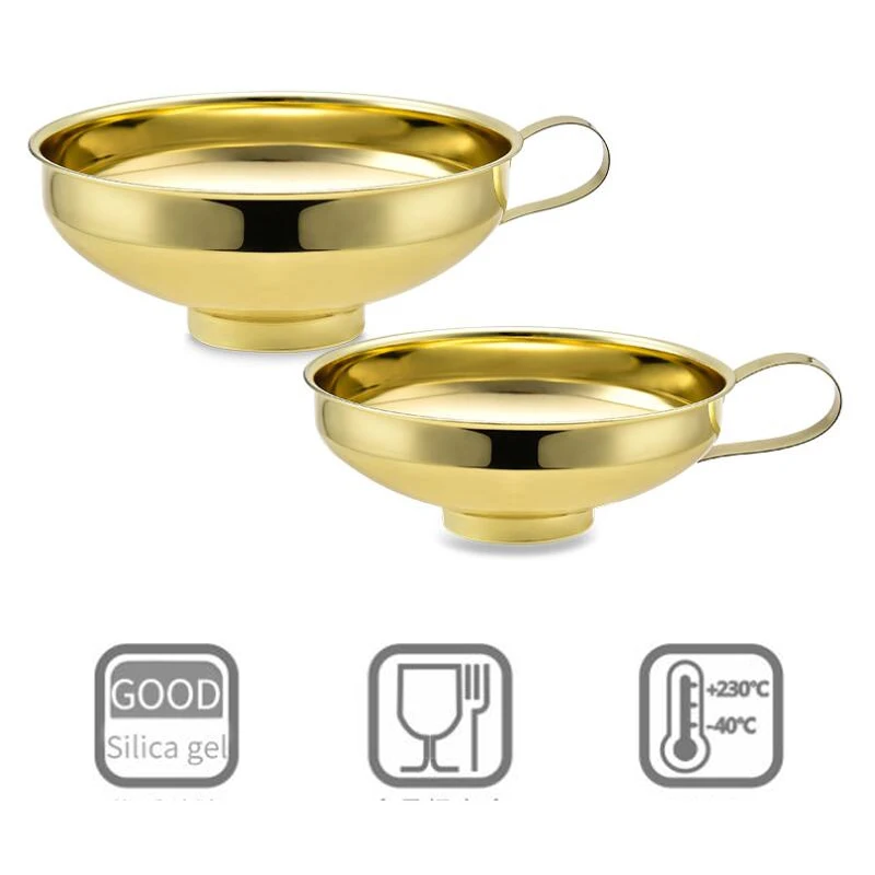 Stainless Steel Funnel 2 Size Wide Mouth Canning Funnel Jam Salad Oil Wine Liquid Dispenser Hopper Filter Gold Kitchen Gadgets