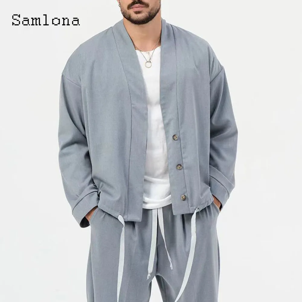 Plus Size Mens Casual Kimono Two Piece Sets 2024 Harajuku Basic Tops and Solid Drawstring Pants Suit Male Vintage Tracksuits Set