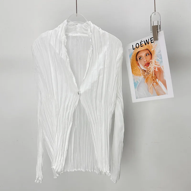 

Miyake Pleated Solid Color Tops 2025 Summer New Versatile Commuter Single Button Sunscreen Cardigan