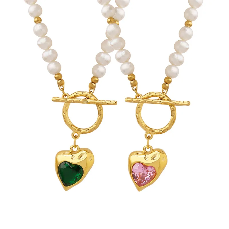Trendy Jewelry Natural Freshwater Pearl Heart Stainless Steel Cubic Zirconia Pendant Necklace