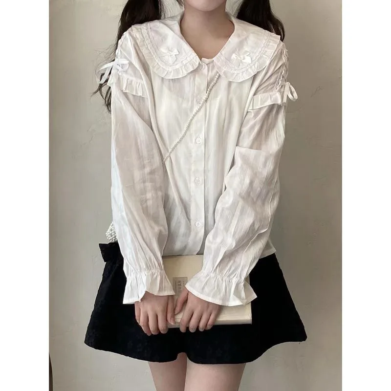 OCEANLOVE Sweet Blouses Spring Autumn Japanese Style Bandage Retro Women  Shirts Solid Ruffles Peter Pan Collar Blusas Mujer