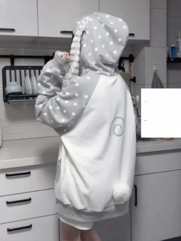 2025 신상 후드 재킷 귀여운 물방울 무늬 귀 디자인 캐주얼 루즈핏 여성 스웨트셔츠 가을 겨울 귀여운 만화 패션 아우터웨어