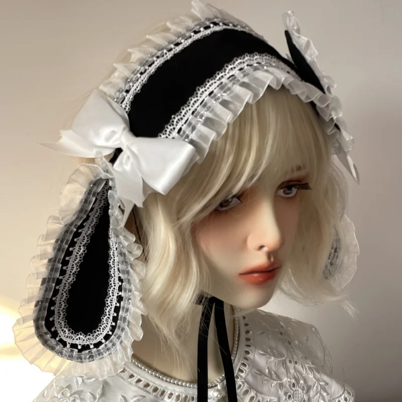 2025 New Gothic Handmade Harajuku Lolita Rabbit Ears Headband Y2K Cute Heart Bow Headband Cosplay Lace KC Headwear for Girl