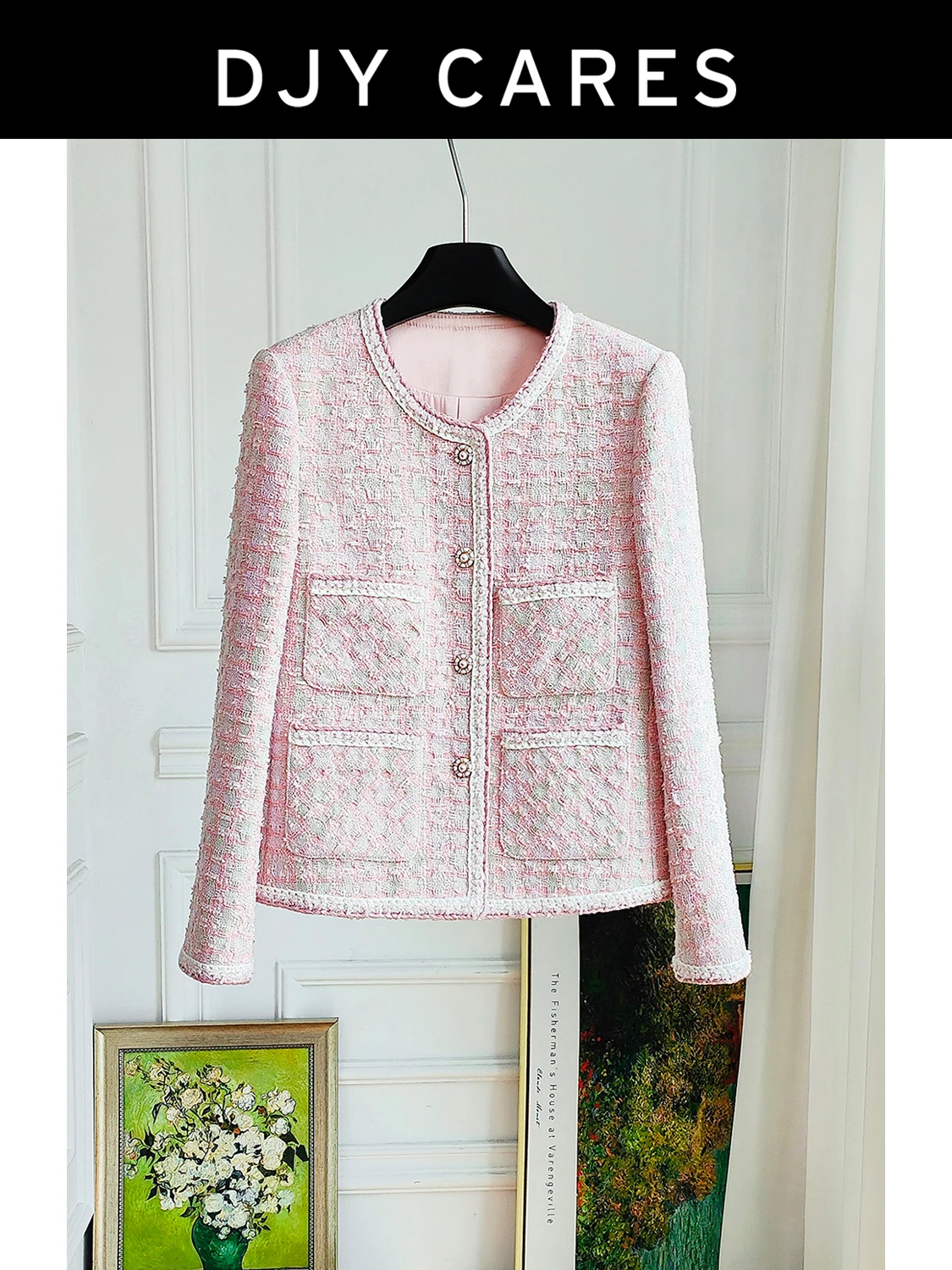 

New Bold woolen fashionable heavy-duty pocket shiny silk jacket pink socialite top big size