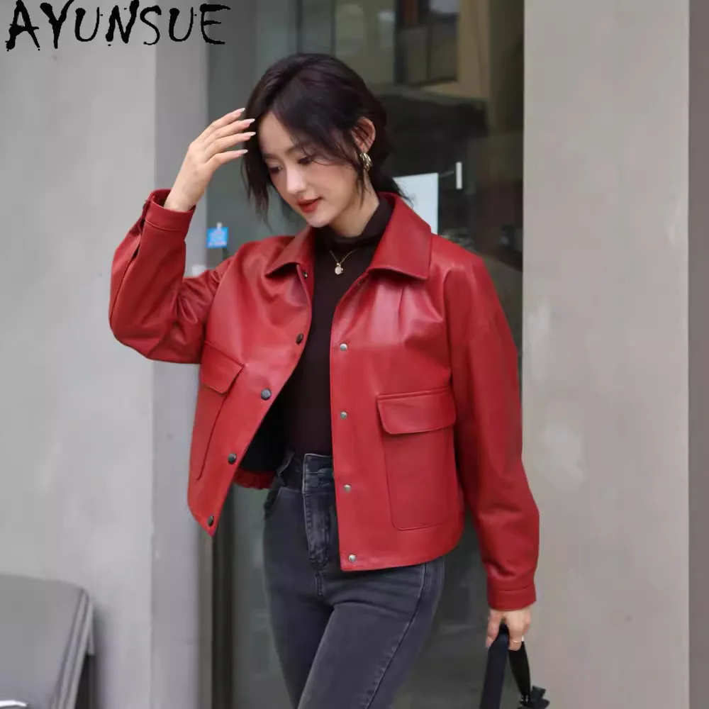 AYUNSUE Giacca in vera pelle da donna 2025 Cappotto in vera pelle di pecora Cappotto casual Loose Fit Primavera Autunno Vestiti Jaqueta De Couro