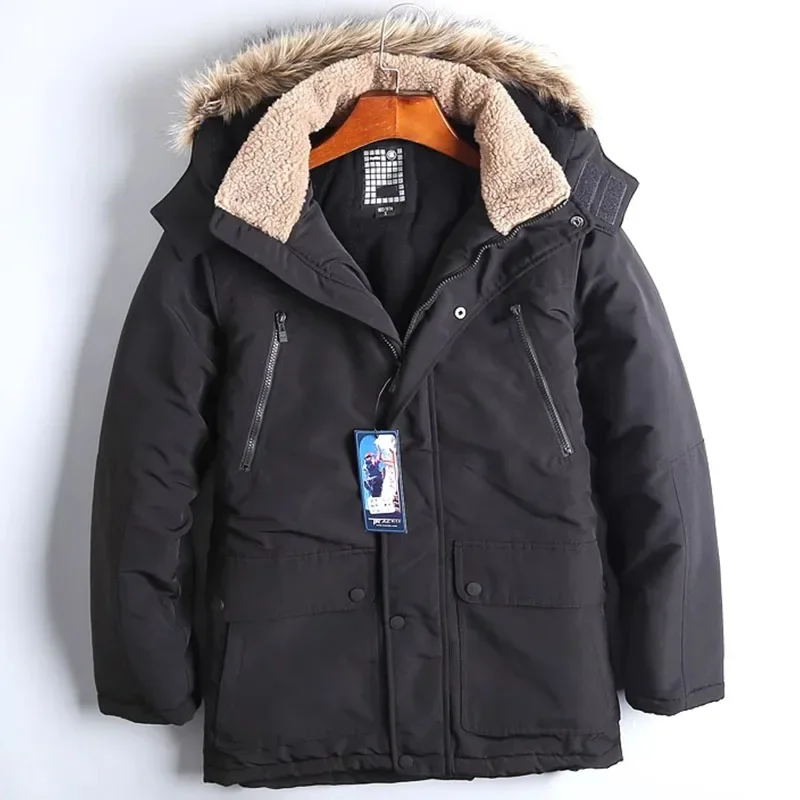 

Winter Thicken Warm Woolen Collar Mid Length Cotton Jacket Men Windproof Parka Overcoat Fleece Lining Windbreaker Coat for Male