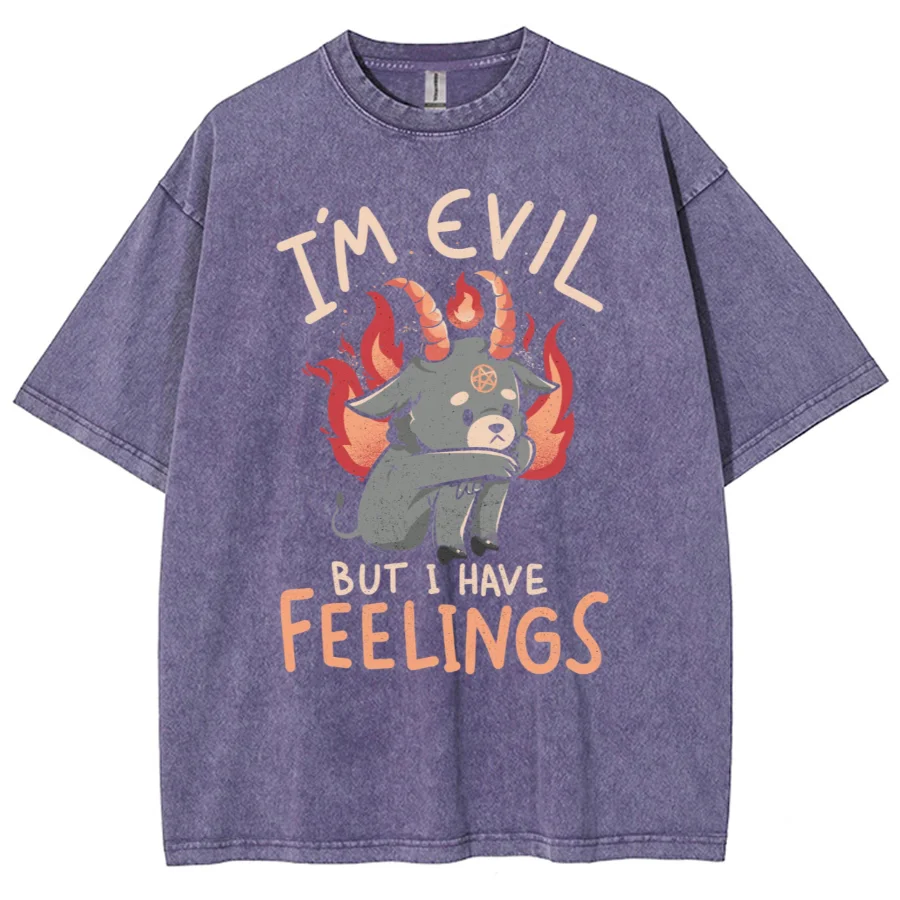 Cartoon Devil Image Print Women's T-Shirt Washed Fabric Oversized Comfortable Half Sleeve American Vintage Casual Fashion Top