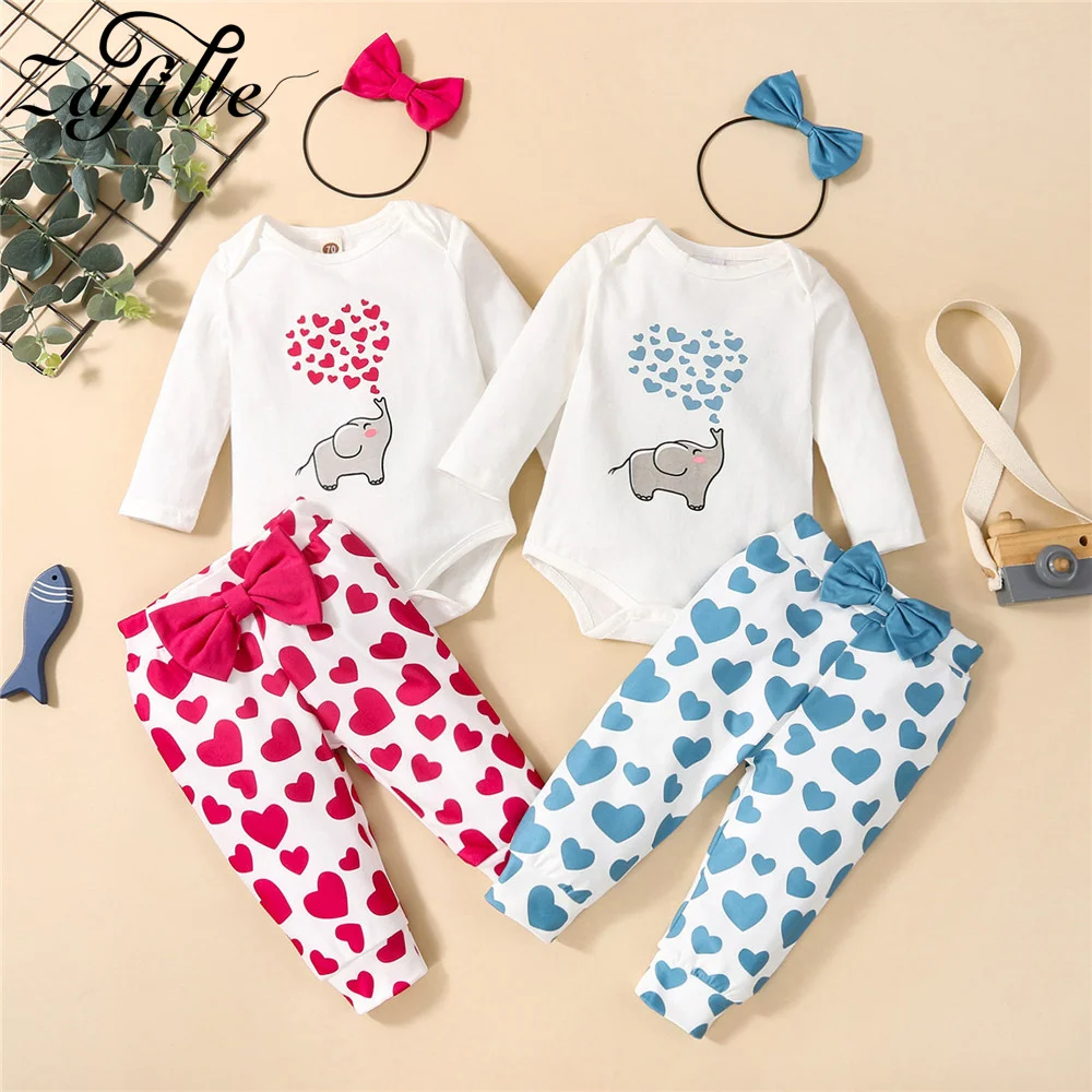 

ZAFILLE Love Elephant Print Newborn Girls Clothing Valentine's Day Baby Costume 3pcs Kids Infant Outfits Lovely Children Suits