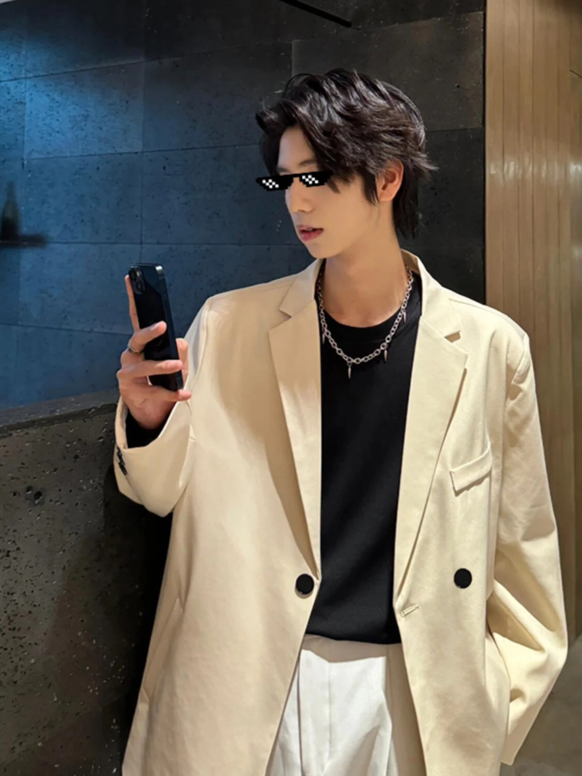 

Мужской повседневный костюм-пиджак в неаполитанском стиле, бежевый, модный и элегантный, весна-осень, высококачественный полиэстер, длинный рукав, верхняя одежда