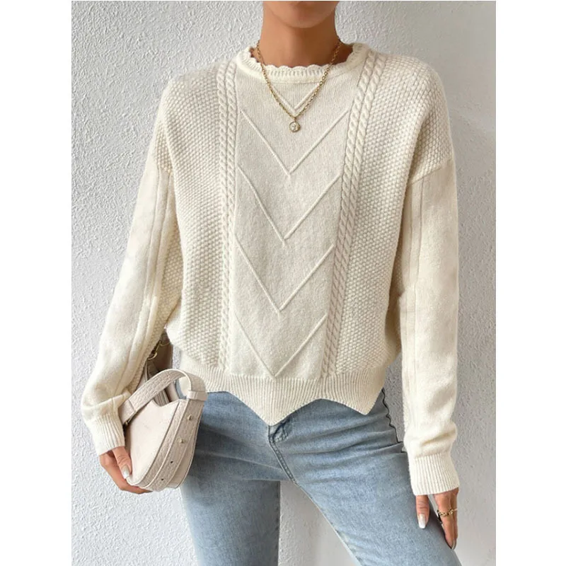 Autumn And Winter Women's Lace Round Neck Pullover Sweater Fried Dough Twists Twisted Solid Irregular Backing Knit