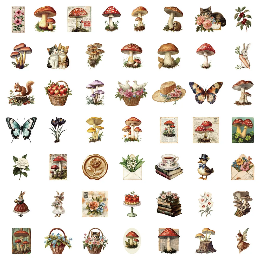 50PCS Retro Mushroom Graffiti Stickers Handmade Account DIY Luggage Notebook Motorcycle PET Waterproof Stickers