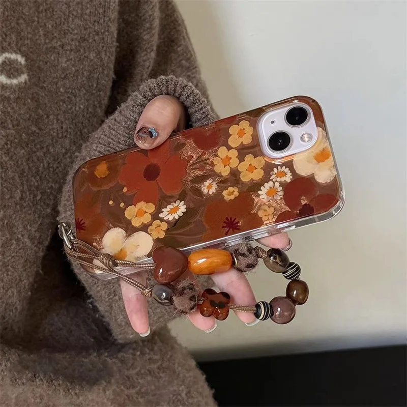 دوامة نمط IND النفط اللوحة الأصفر البني زهرة جراب هاتف مع سلسلة آيفون 11 12 13 14 15 16 17 برو ماكس