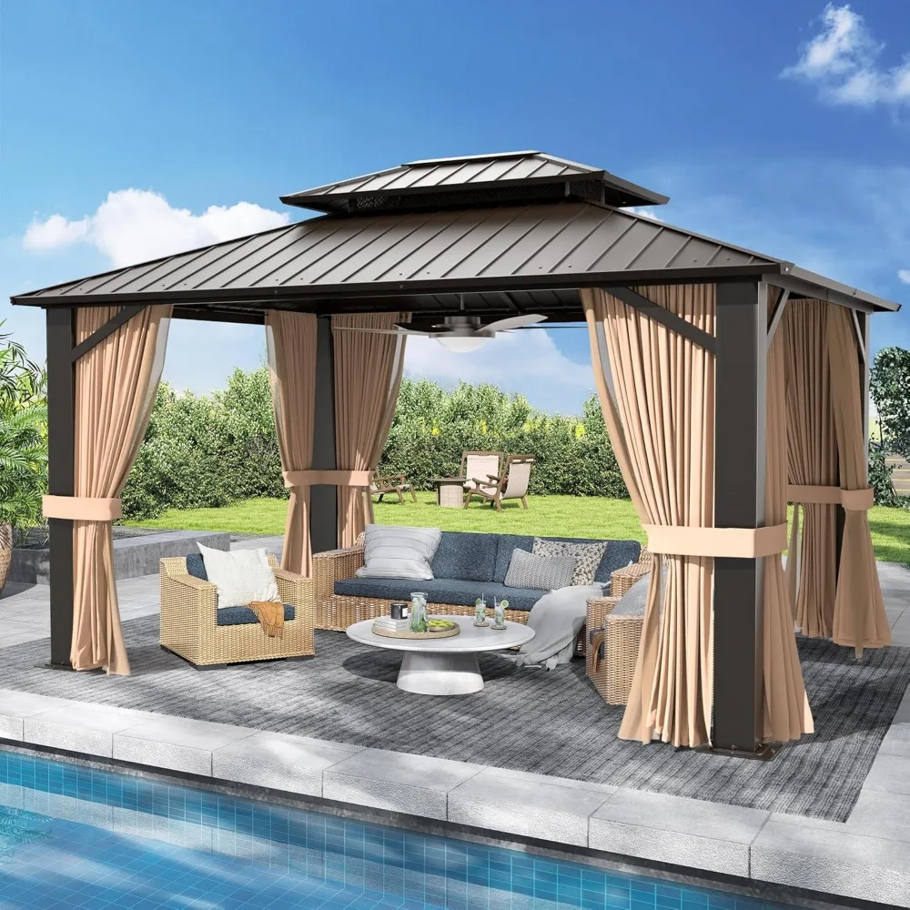 

"10'x12' Hardtop Gazebo - Galvanized Steel Double Roof w/ Aluminum Frame, Netting & Curtains"​
